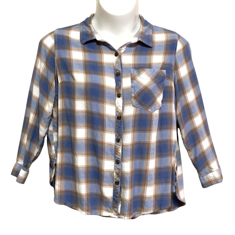 Terra & Sky Button-Up Blouse Top Women Size 1X Tan Blue Plaid Lightweight Pocket